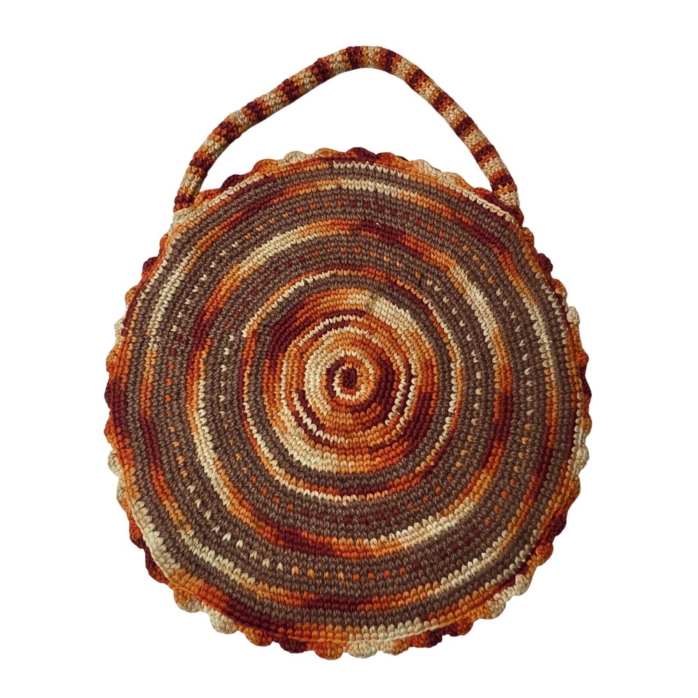 Vintage Handmade Crochet Circle Bag Orange Brown Spiral Round Tote Boho Lined G1